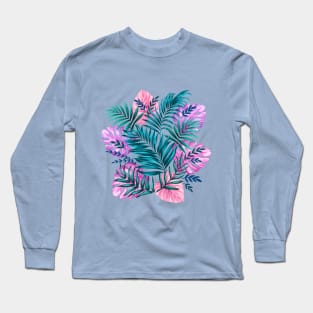 Pink & Teal Tropical Palm & Monstera Leaves Long Sleeve T-Shirt